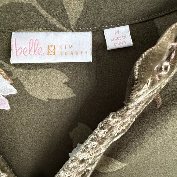 Belle Kim Gravel Women's Med Olive Green Boho VNeck Top w Velvet Trim and Cuff - Picture 5 of 8